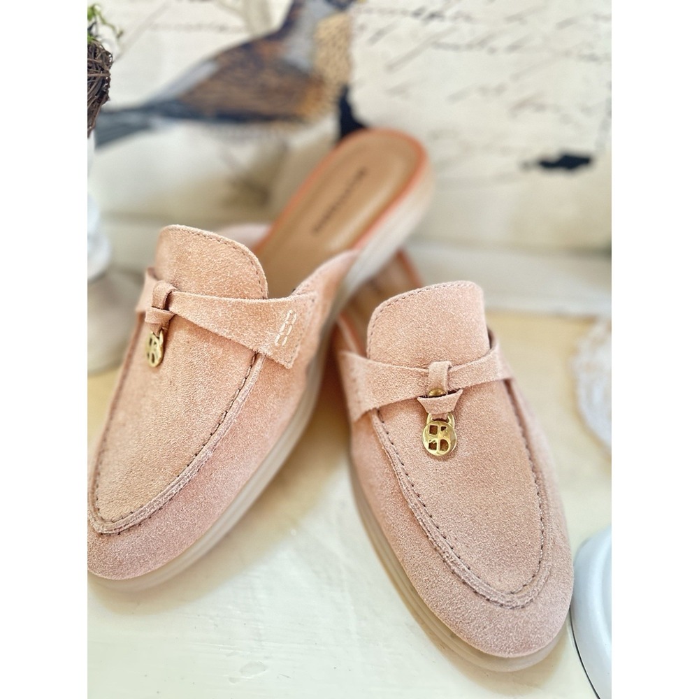 Bottero Suede Mule Loafers Blush Slip On Flats with Charm Women's Size 7 EUR 38